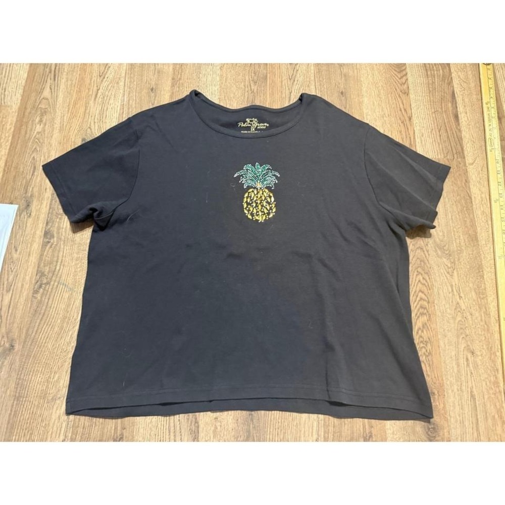 Palm Grove Woman T-Shirt Womens 1X Black Pineapple Studded Rhinestone Cotton
